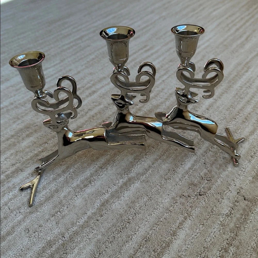 Like New: Christmas Chrome Silver Reindeer Candle Holder Trio Mantle Centerpiece